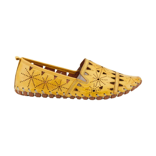 Yellow leather loafer-style shoe with cutout floral pattern and brown sole