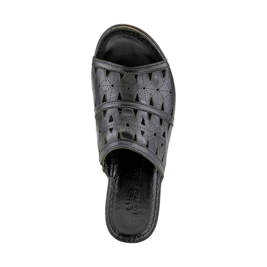 Black leather sandal with cutout upper, two straps, and an open toe