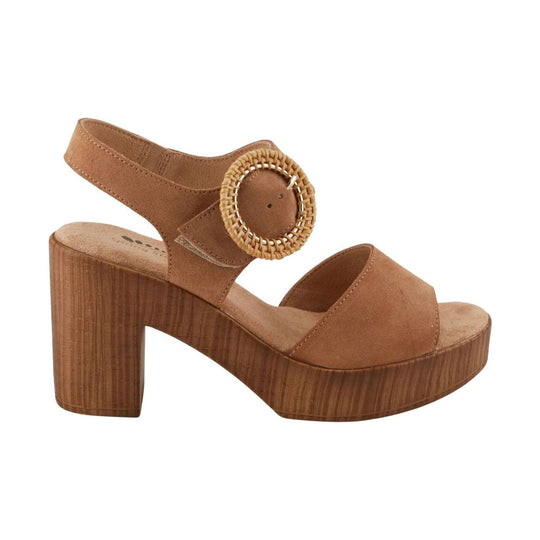 Tan suede women’s platform sandal with a chunky wood-look heel and round woven buckle strap