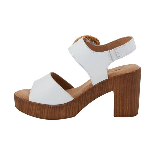 White platform sandal with a wood-look block heel and wide ankle strap