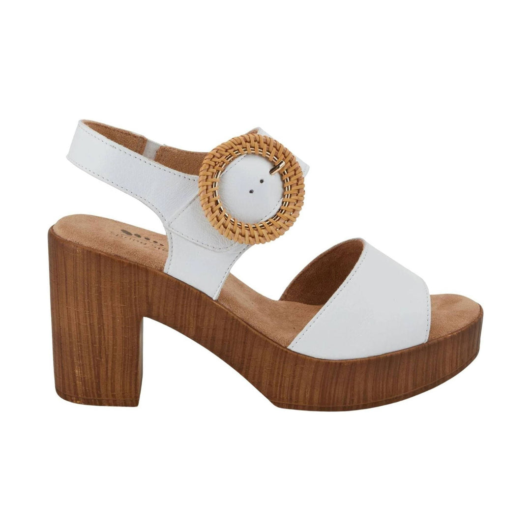 White platform sandal with wood-look block heel and woven buckle strap