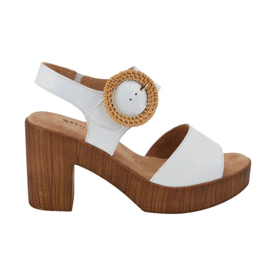 White platform sandal with wood-look block heel and woven buckle strap