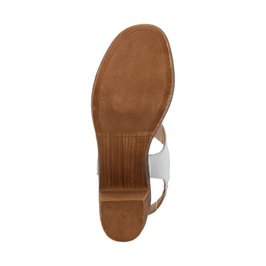 White sandal sole with tan wood-look heel and outsole