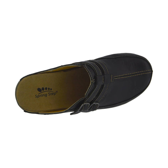 Black leather clog with top stitching and double buckle straps, viewed from above