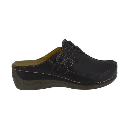 Black clogs with double buckle straps and a tan footbed