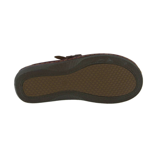 Outsole view of a brown clog with hexagonal tread and a size 37 marking