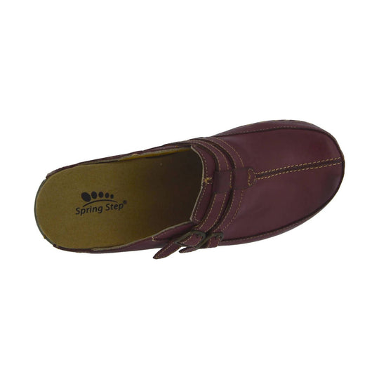 Bordeaux closed-toe clog with stitched moc-toe detail and visible side buckle