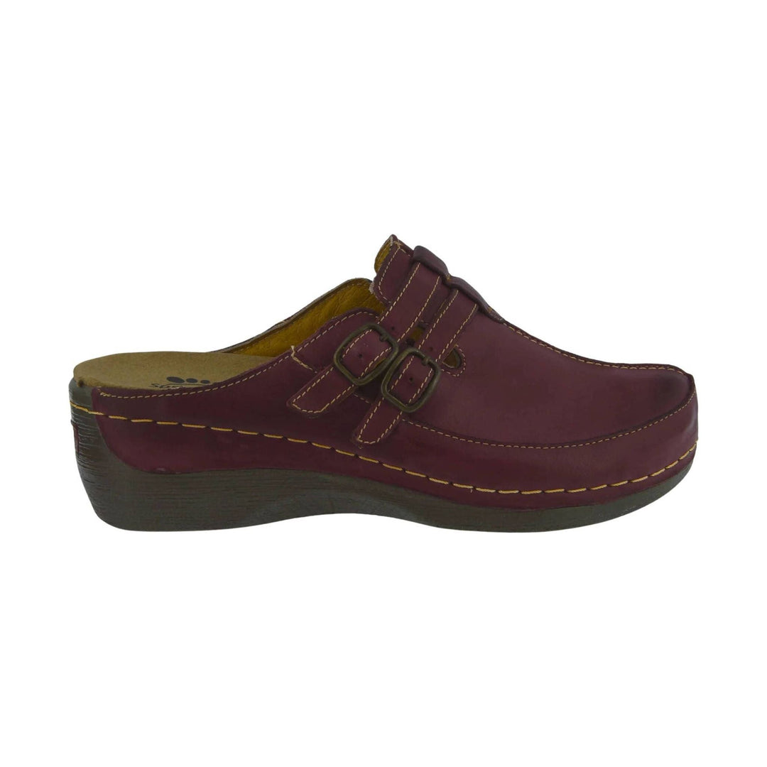 Burgundy suede clog mule with double buckle straps and a platform wedge heel
