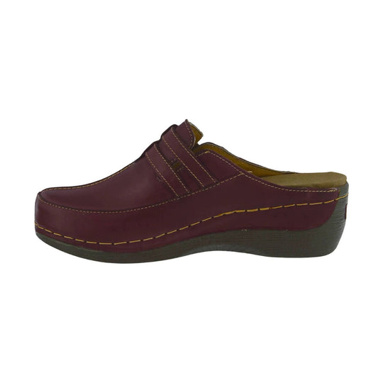 Burgundy leather clog with a tan insole and dark wedge sole, shown in side profile
