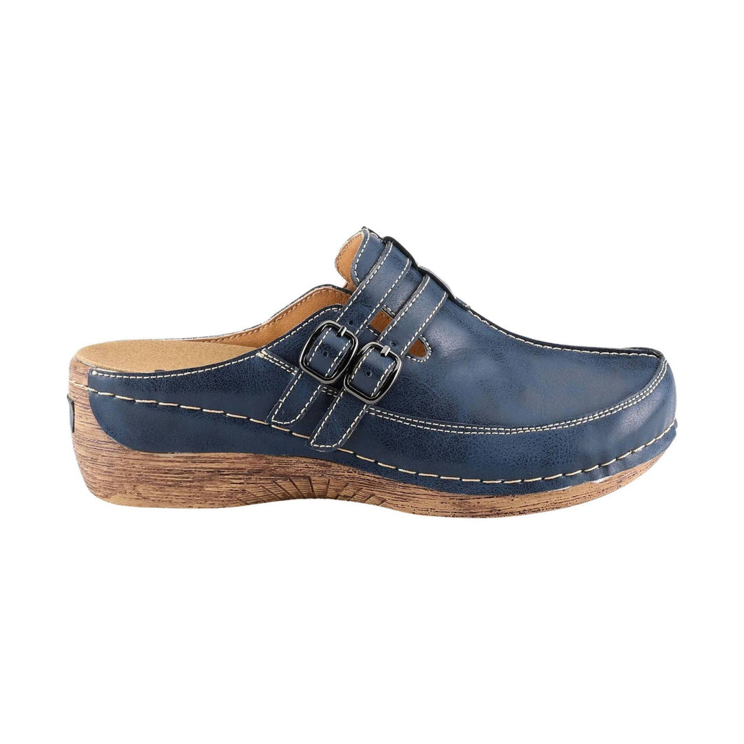 Navy closed-back clog with two buckle straps and a wood-look platform sole