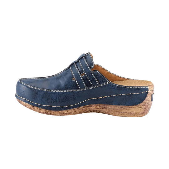 Navy leather clog with wood-look platform sole and double strap detail