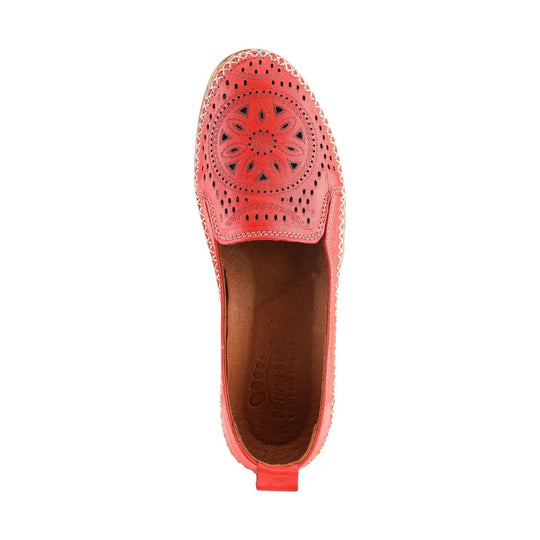 Coral pink leather slip-on loafer with stitched floral cutout pattern and moc-toe detail, top view