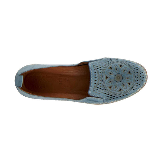 Light blue perforated slip-on loafer with decorative cutout pattern and tan interior
