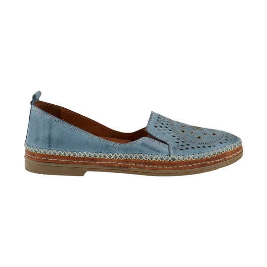 Light blue slip-on loafer with perforated cutout pattern, stitched trim, and tan sole