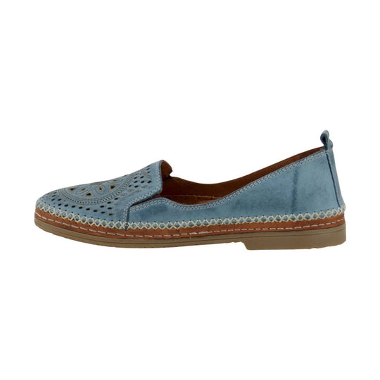 Light blue perforated slip-on loafer with brown trim and stitched sole