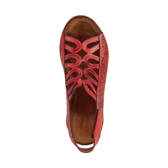 Red closed-toe sandal with cutout straps and slingback heel loop, shown from above