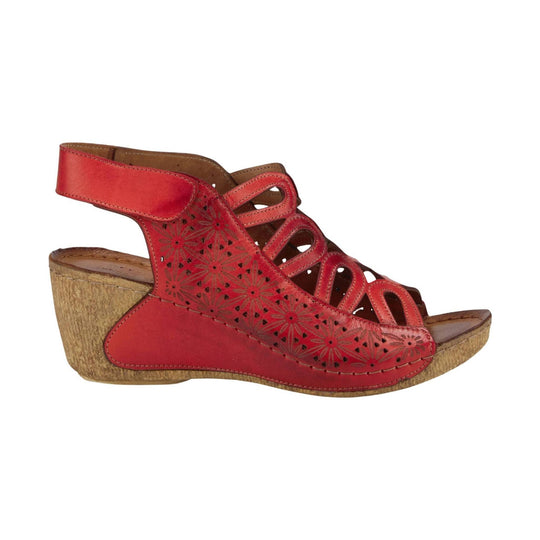 Red leather wedge sandal with cutout floral detailing and a cork-textured heel