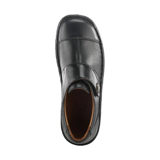 Black leather slip-on shoe with square toe and stitched panels