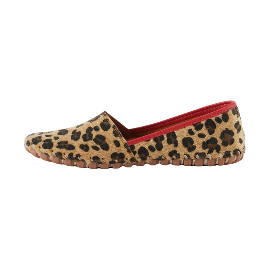 Leopard print slip-on shoe with red lining and textured tan sole
