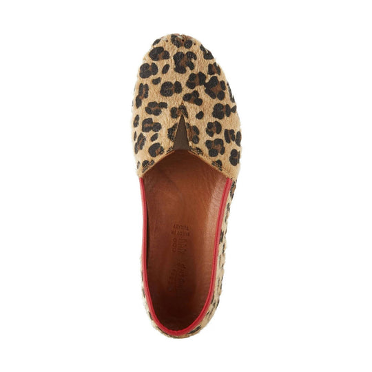 Leopard print slip-on flat shoe shown from above with a brown insole and red trim