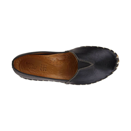 Black leather clog-style slip-on shoe with tan stitched trim and a tan insole, top view
