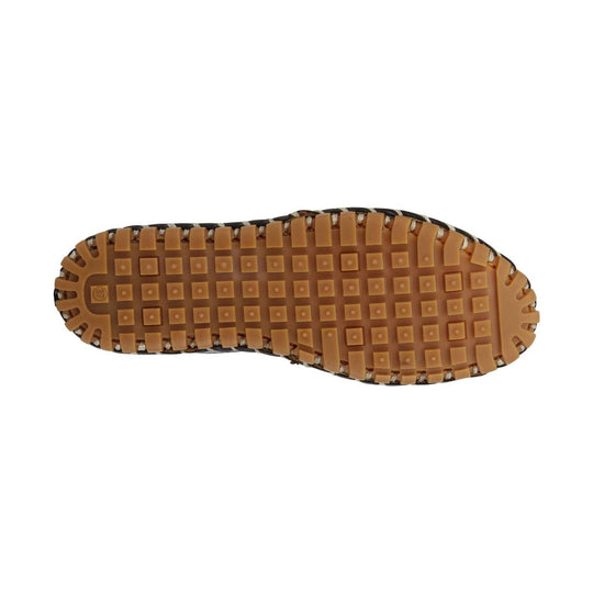 Brown rubber shoe sole with square tread pattern and size marking
