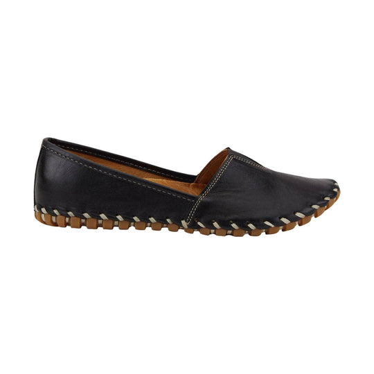 Black leather slip-on shoe with tan hand-stitched sole and moccasin toe