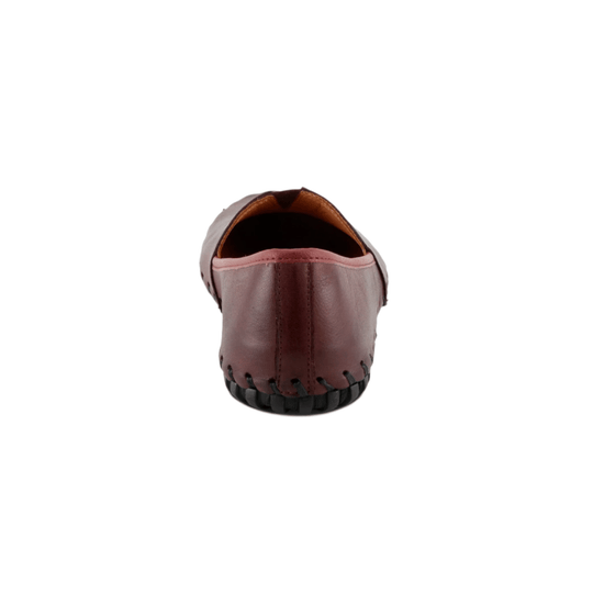 Rear view of a burgundy leather slip-on shoe with stitched heel seam and black rubber sole