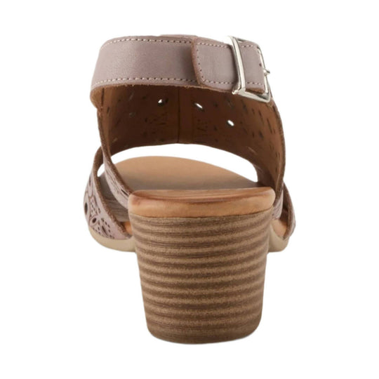 Taupe leather sandal with a buckle strap, open back, perforated sides, and stacked block heel