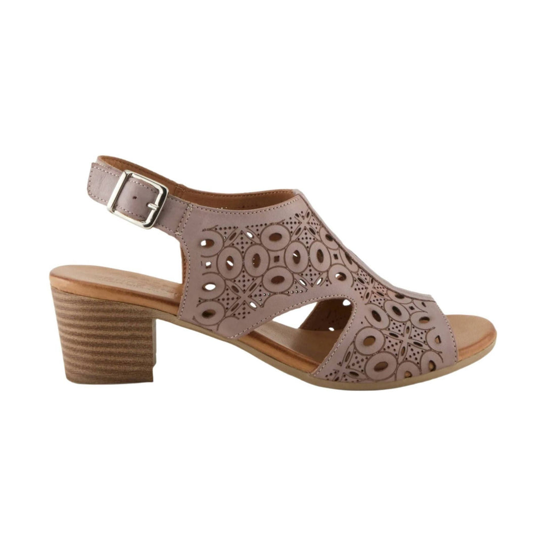 Taupe closed-toe sandal with cutout floral pattern, ankle buckle strap, and wood-look block heel