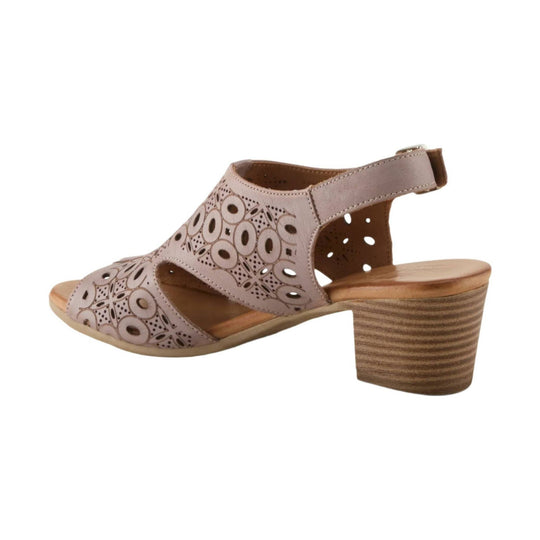 Taupe leather open-toe sandal with floral cutouts, ankle strap, and stacked block heel