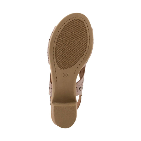 Tan wedge sandal sole with size 37 marked near the heel