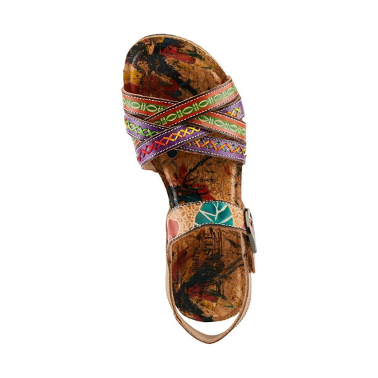 Colorful crisscross women's sandal with patterned straps and cork footbed