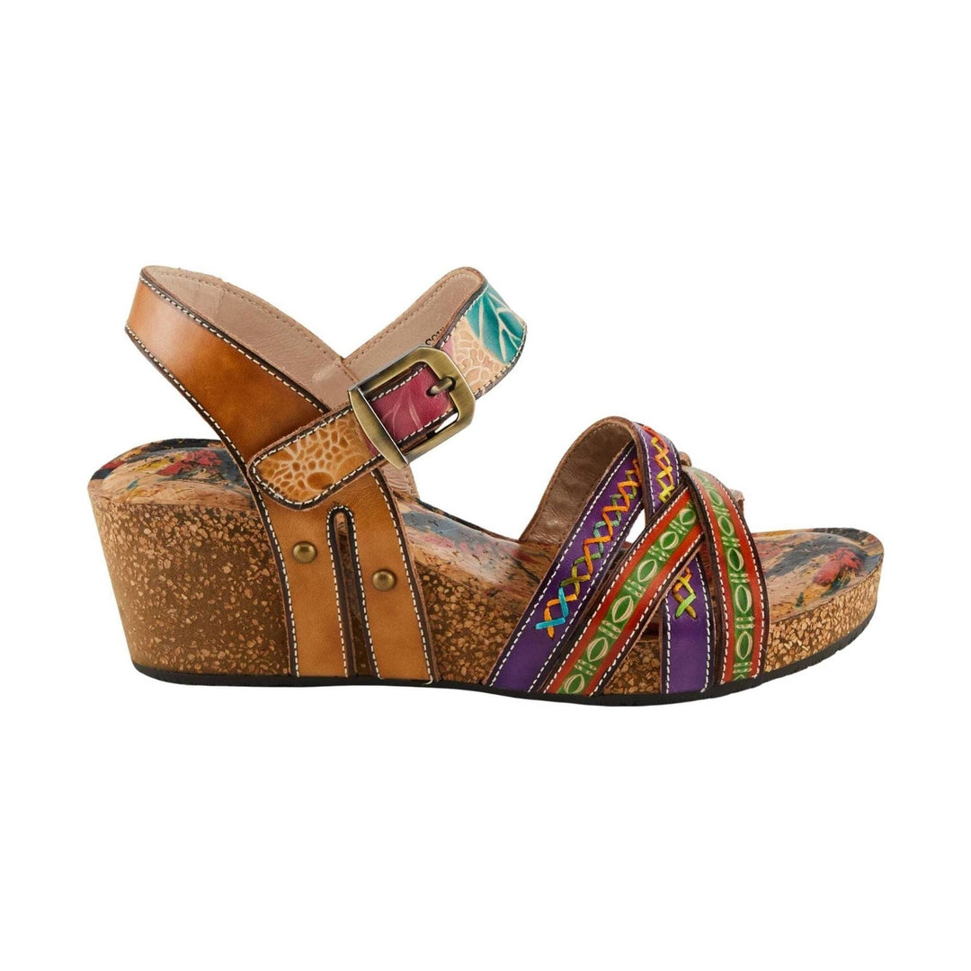 Tan wedge sandal with multicolor patterned straps and a buckle ankle closure