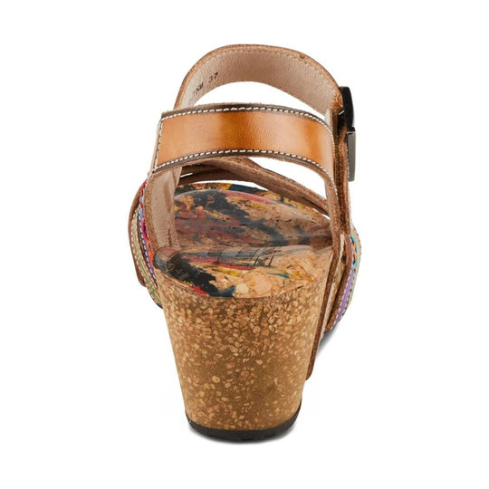 Tan wedge sandal with ankle strap, cross straps, and multicolor footbed