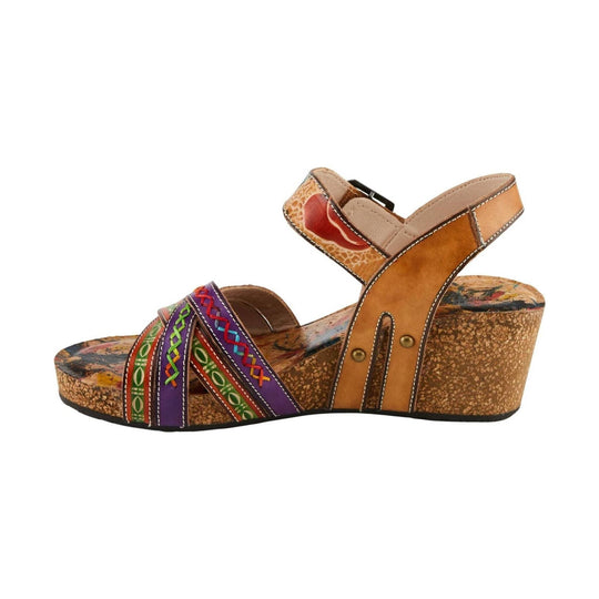 Tan and multicolor wedge sandal with cork platform, crisscross straps, and ankle strap