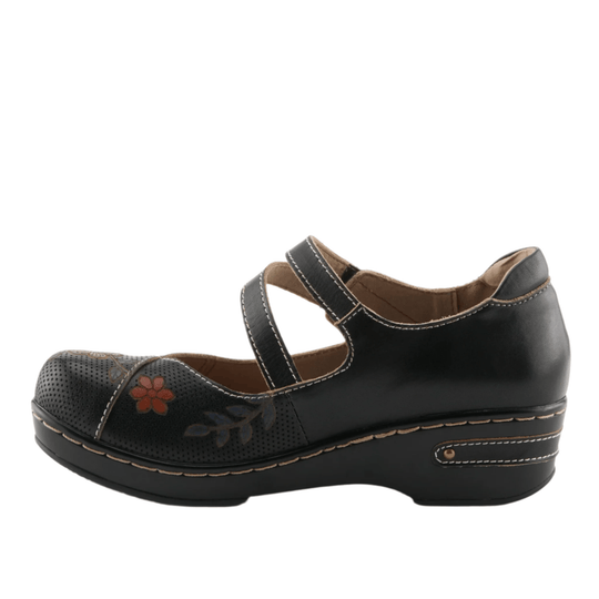 Black closed-toe wedge clog with floral toe overlay and two strap cutouts