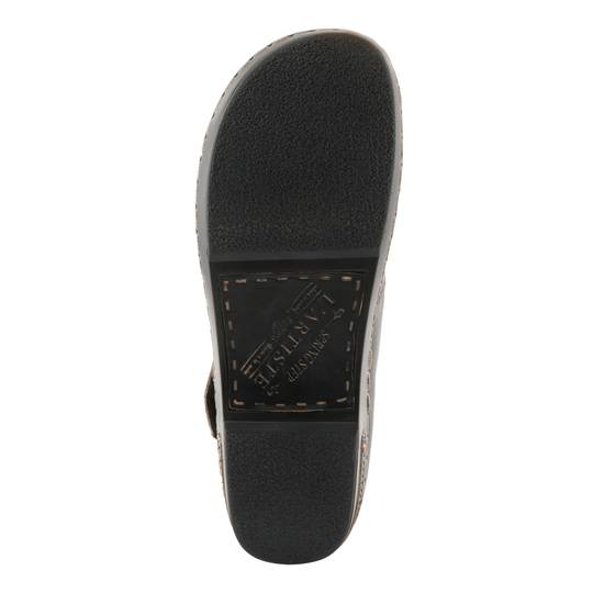Black clog sole with textured tread and L'ARTISTE branding