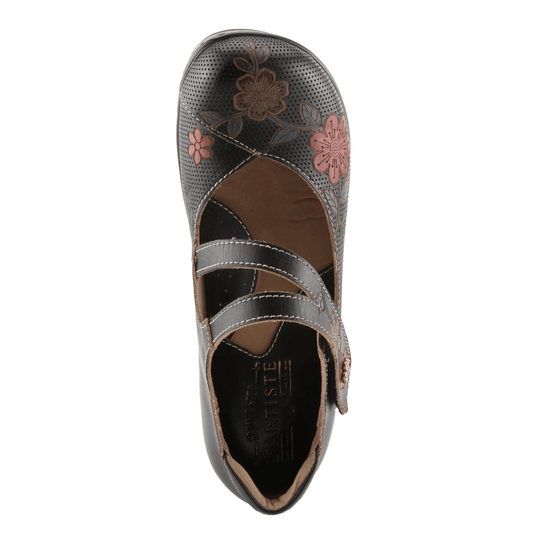 Black closed-toe leather clog with pink and brown floral embroidery and two crisscross straps