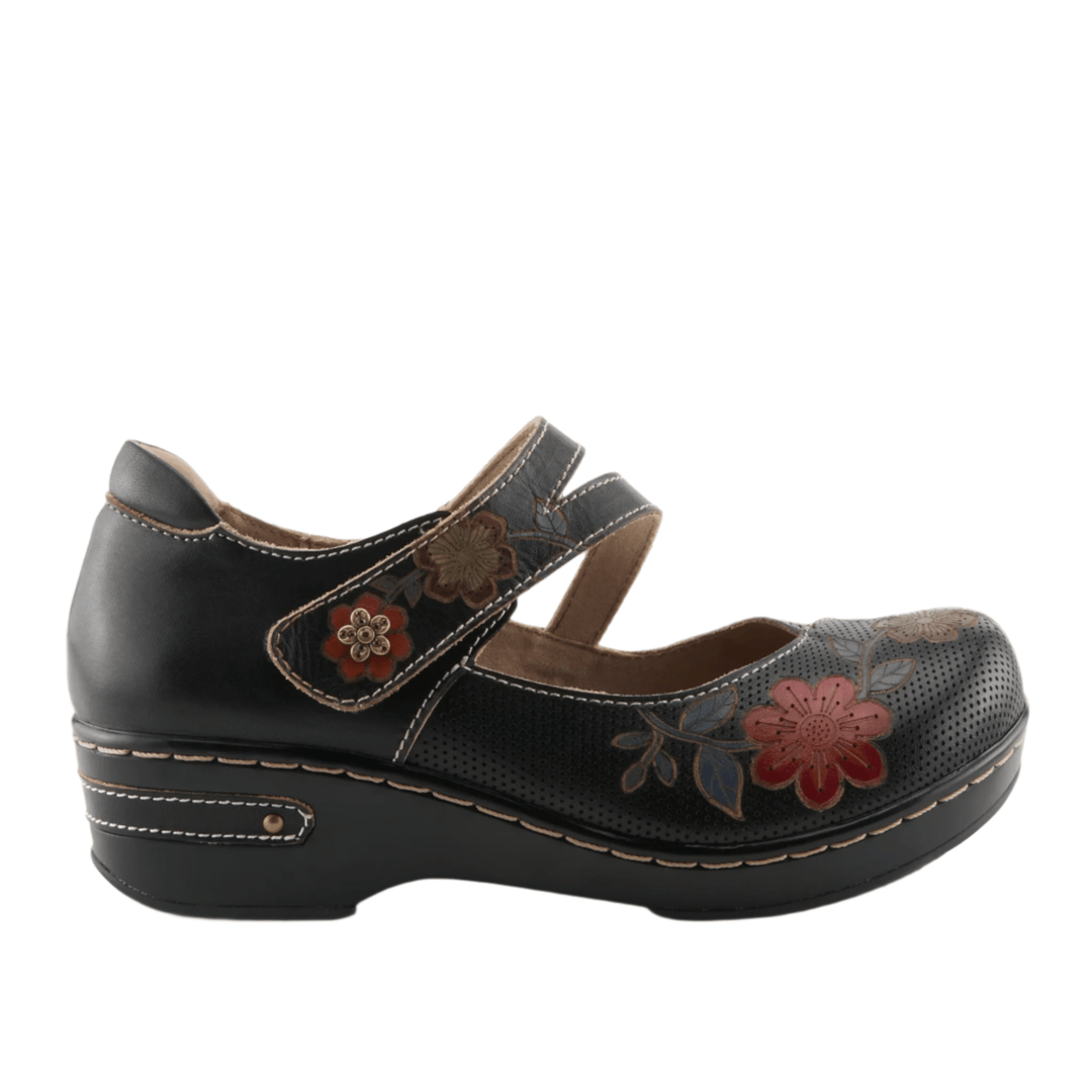 Black leather Mary Jane clog with floral cutout details and a thick platform sole