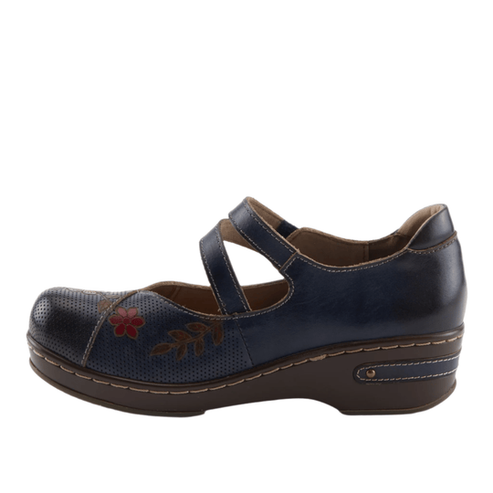 Navy closed-toe Mary Jane clog with floral toe detail and low wedge heel