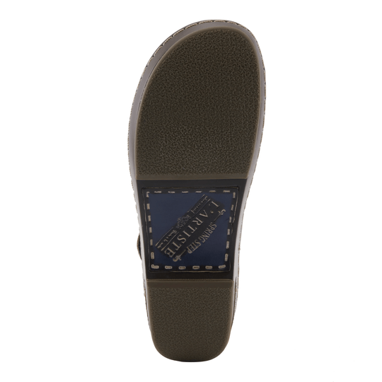 Bottom view of a brown clog sole with a navy L'ARTISTE insert and textured tread