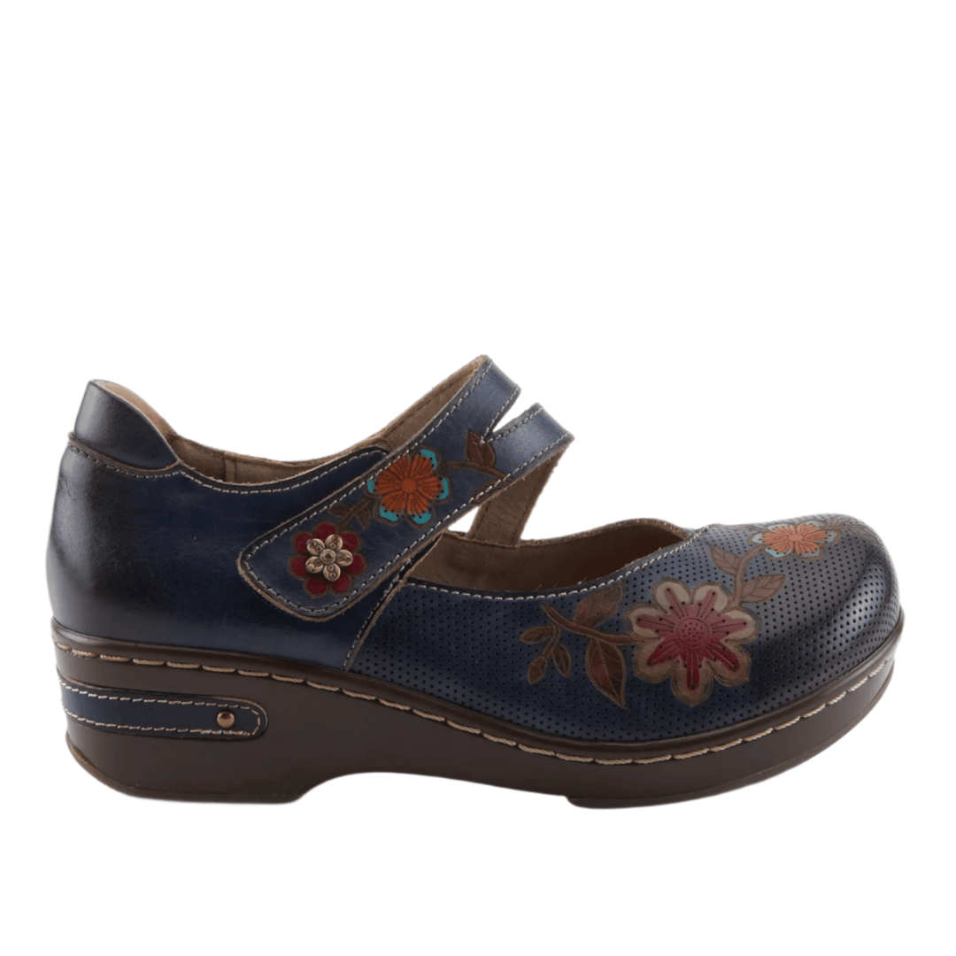 Blue and brown leather clog with floral embroidery and a strap across the top