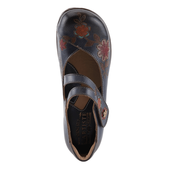 Navy perforated leather Mary Jane clog with floral embroidery and double strap