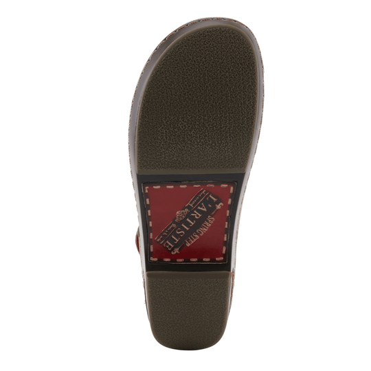 Brown clog sole with red branded insert and textured tread