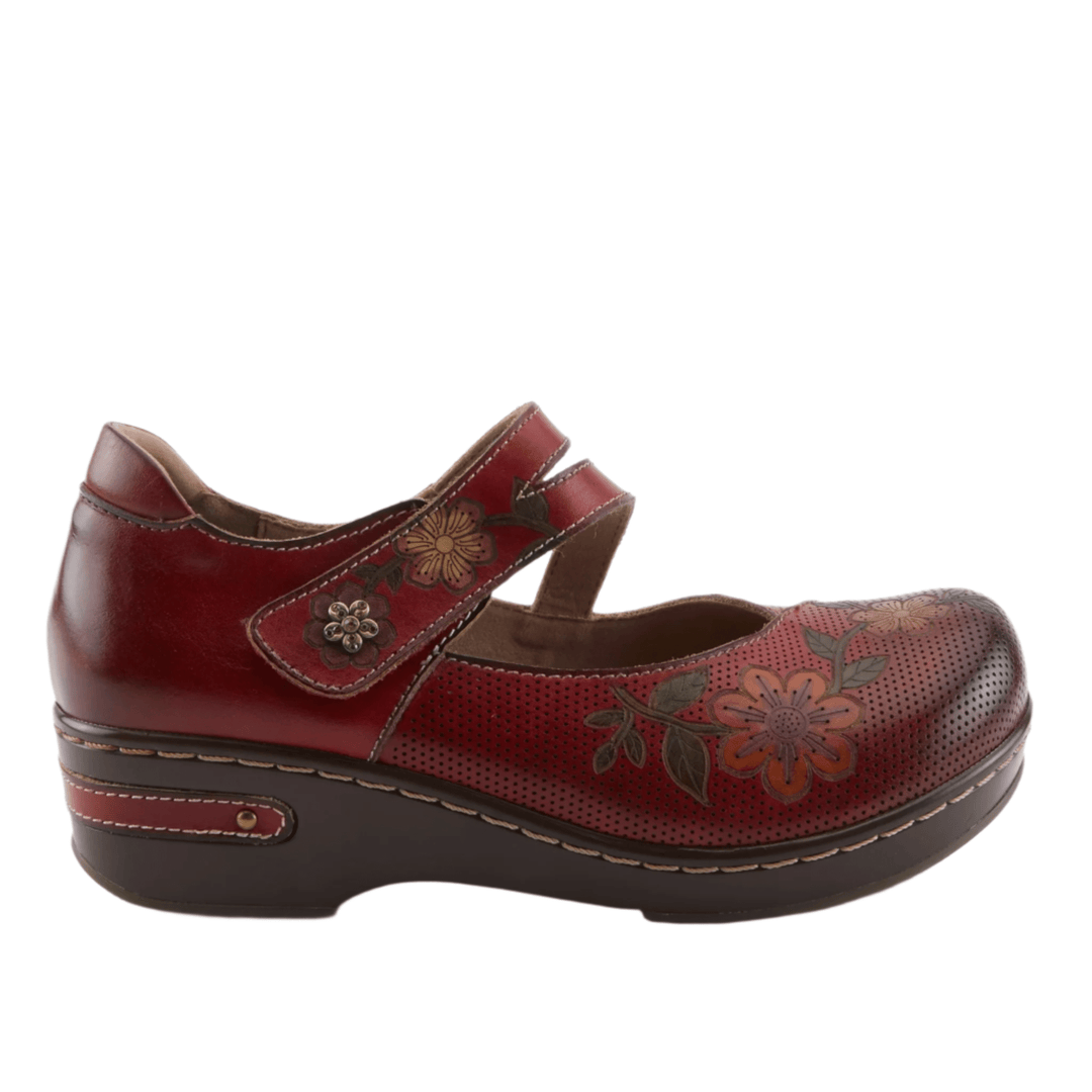 Red leather closed-toe Mary Jane clog with floral cutouts and floral print details