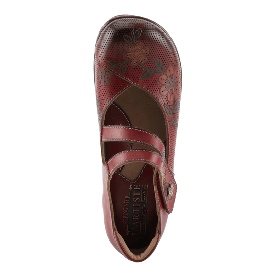 Red leather mary jane clog with floral cutouts, perforated toe, and two hook-and-loop straps