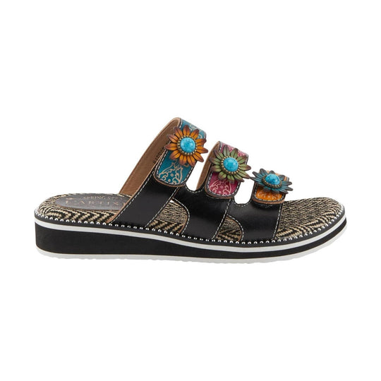 Black wedge sandal with three floral strap accents and turquoise centers