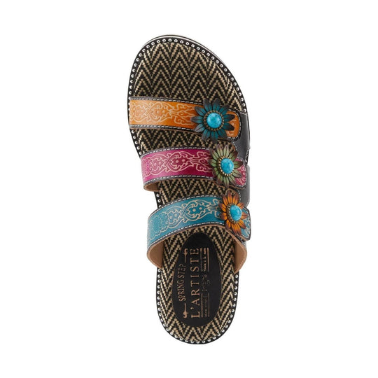 Embellished flat sandal with three colorful floral straps and turquoise accents