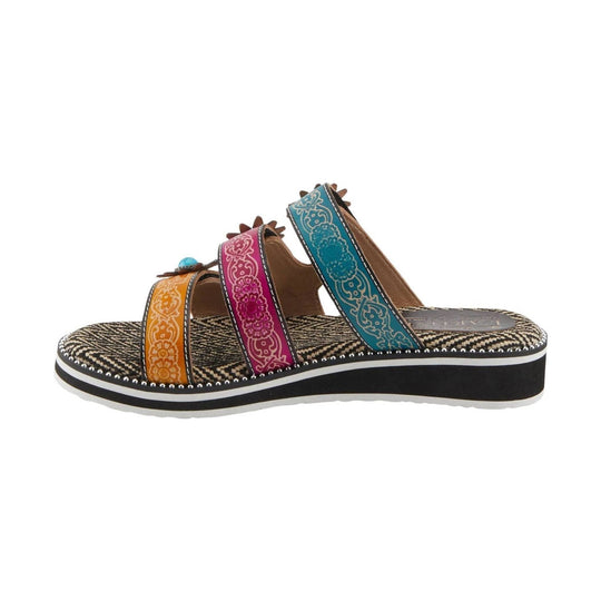 Black wedge sandal with woven footbed, three colorful patterned straps, and beaded trim